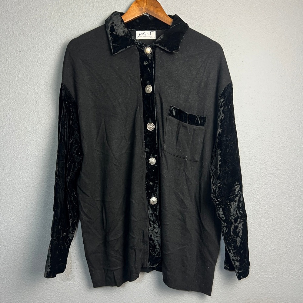 Jaclyn T San Francisco 1X Black Velvet Trim‎ Whimsigoth Grunge Button Down Shirt